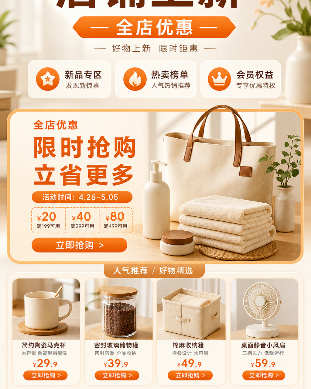 品牌店铺首页活动图，主文案为「店铺上新」，卖点为「新品专区、热卖榜单、会员权益」。