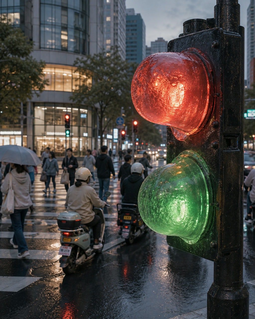 会呼吸的玻璃果冻红绿灯案例图，雨后路口的红绿灯变成半透明玻璃果冻，轻微膨胀发光，行人和电动车自然经过，城市真实背景。