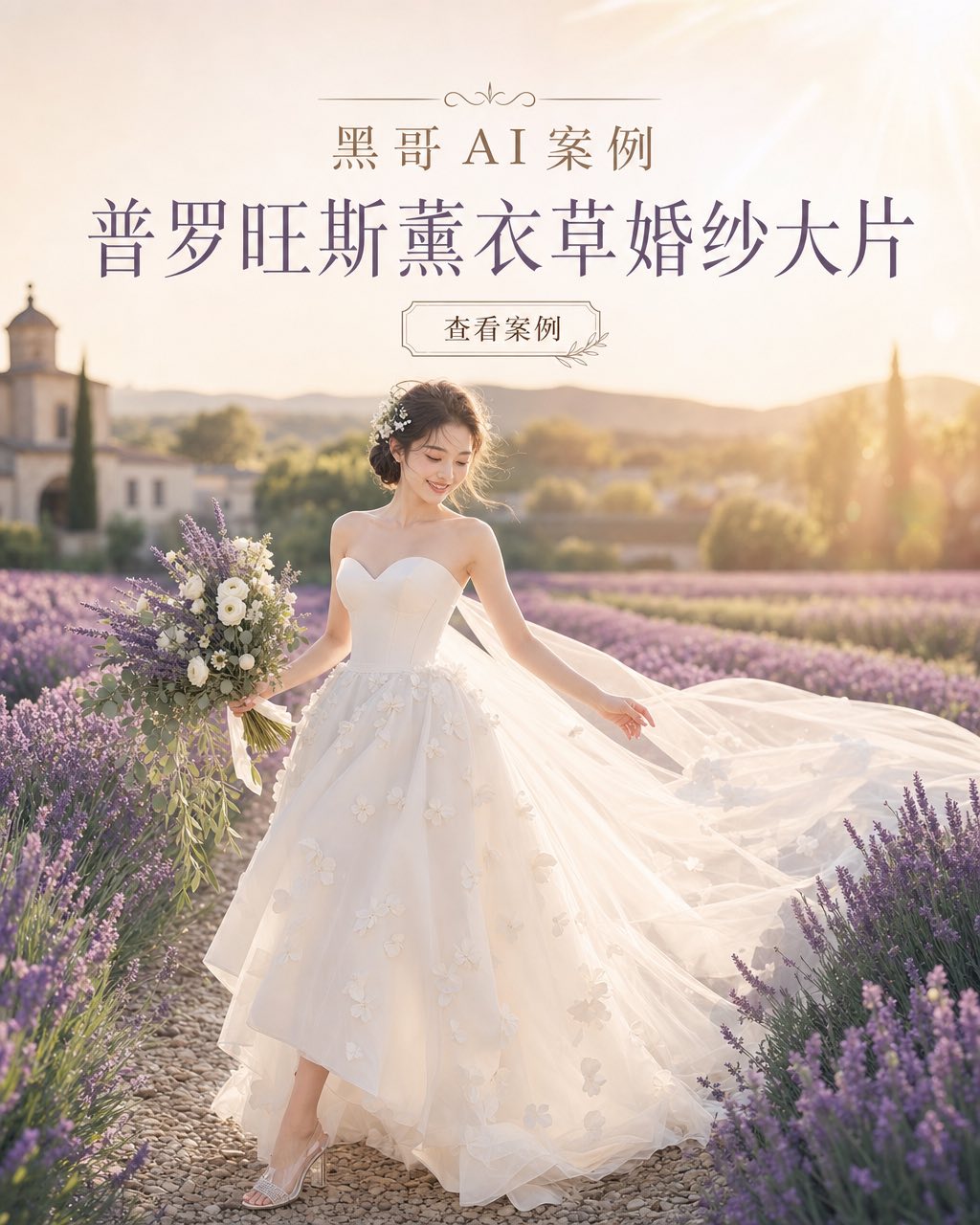 娇小东亚新娘穿飘逸象牙白欧根纱婚纱配3D花瓣贴花，站于普罗旺斯盛开薰衣草田垄中。
