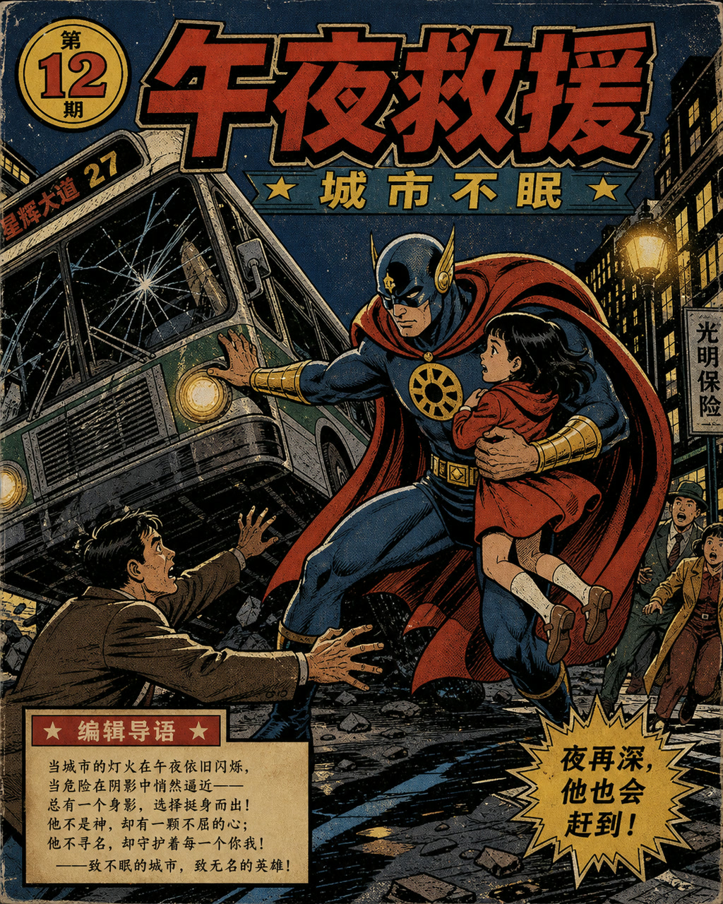 青铜时代超级英雄街头救援，原创漫画风格样本，包含清晰漫画版式、角色动作和可见中文标题。