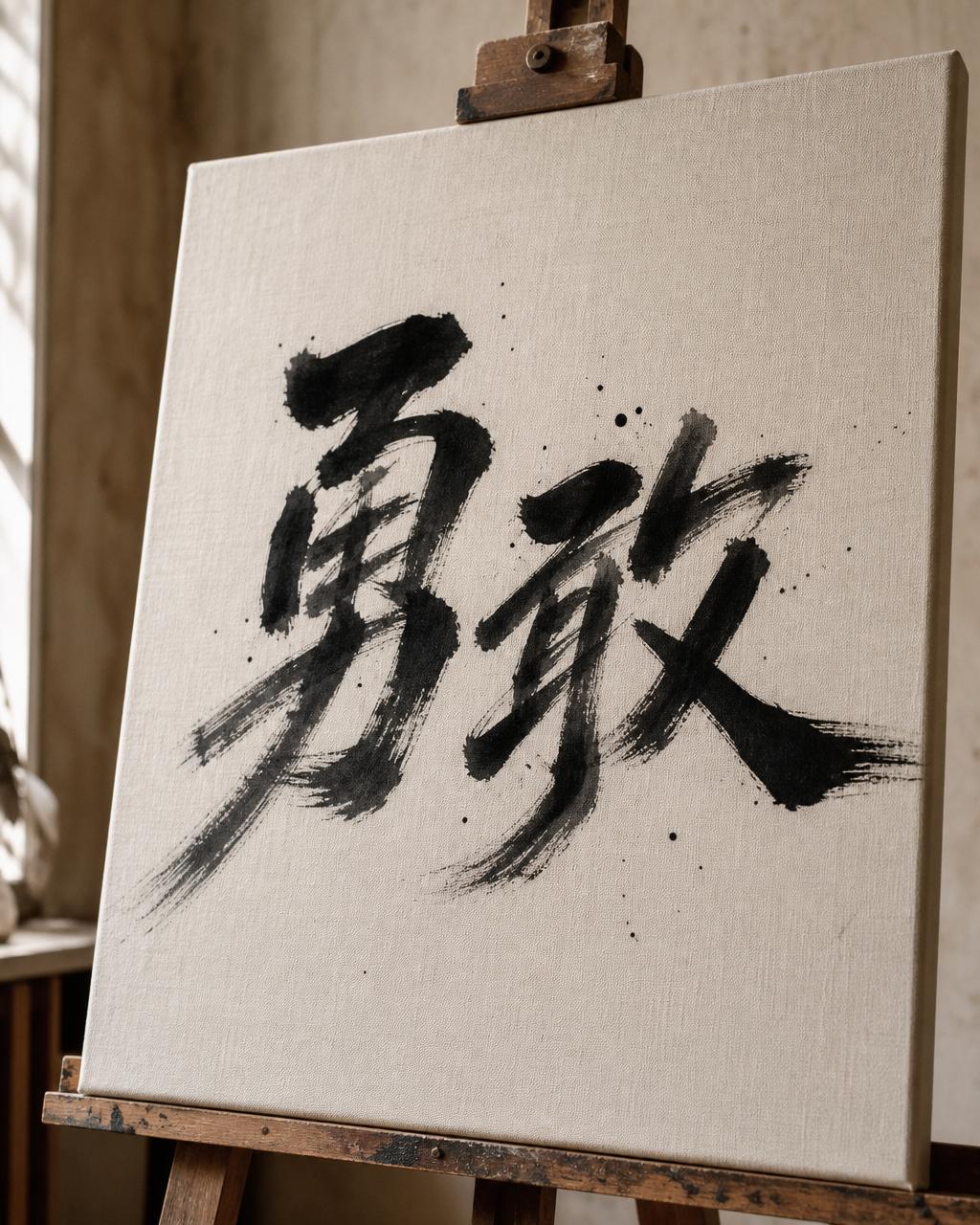 单词 BRAVE 以黑色墨汁笔刷在棉布画布上书写，可见刷毛纹理与飞白效果