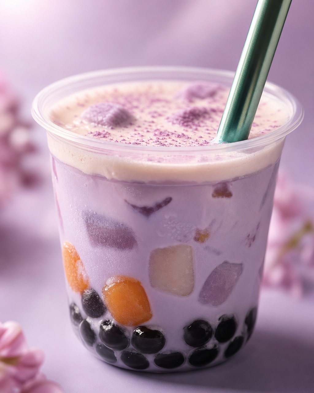 粉绿色珍珠奶茶吸管插入薰衣草紫芋泥奶茶杯特写，底部黑色珍珠清晰可见，背景淡紫虚化。