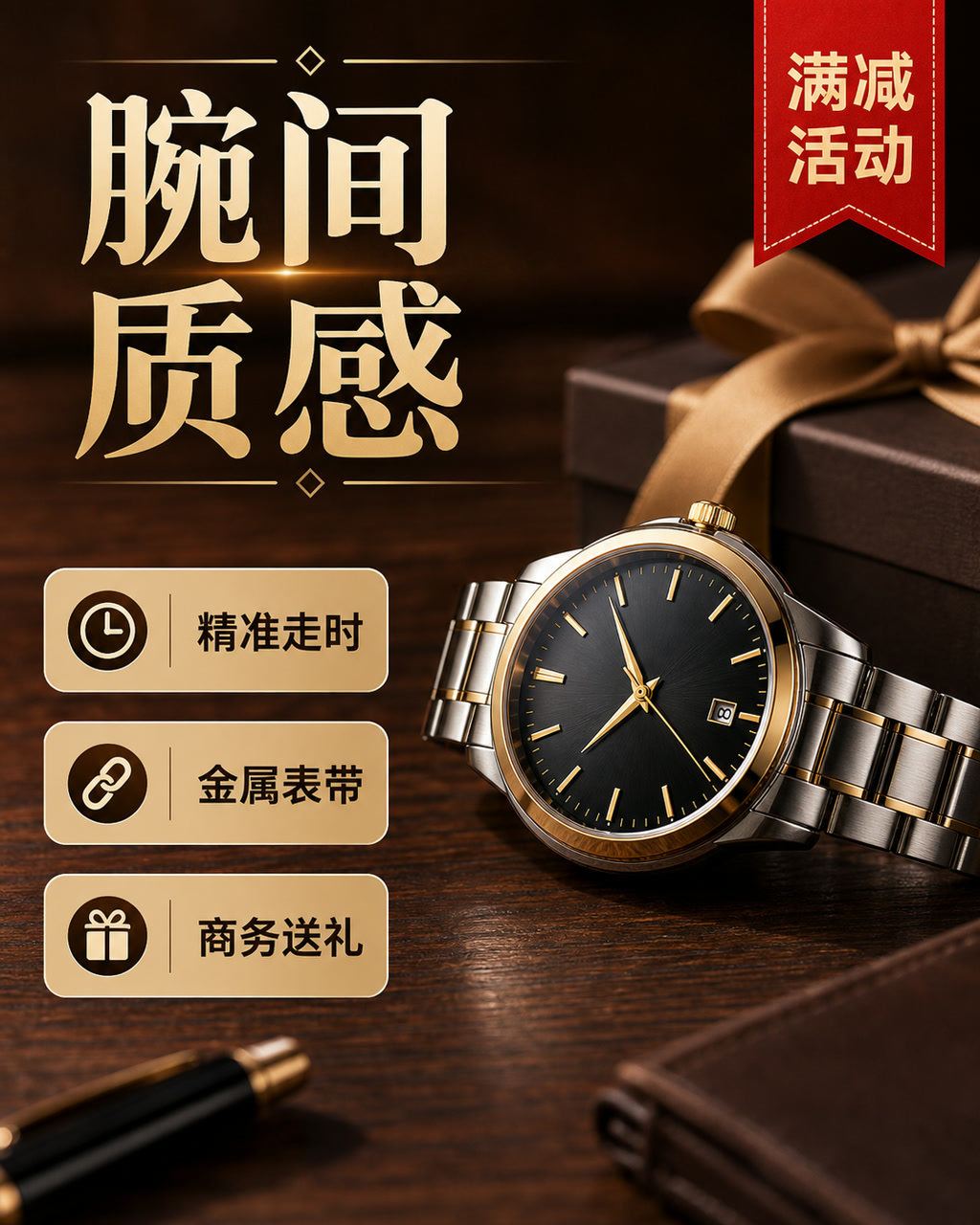 商务腕表礼物图，主文案为「腕间质感」，卖点为「精准走时、金属表带、商务送礼」。