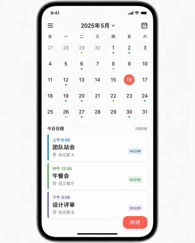 iOS 日历 App,月视图带珊瑚色今日标注和彩色事件点,下方为当日时间块列表。