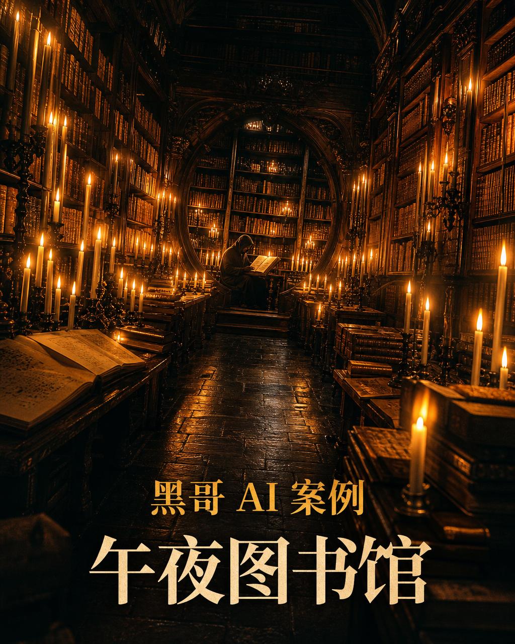 午夜中世纪图书馆，数百支蜡烛照亮高耸皮装书架，远端孤独学者，深琥珀阴影色调，桶形拱顶。