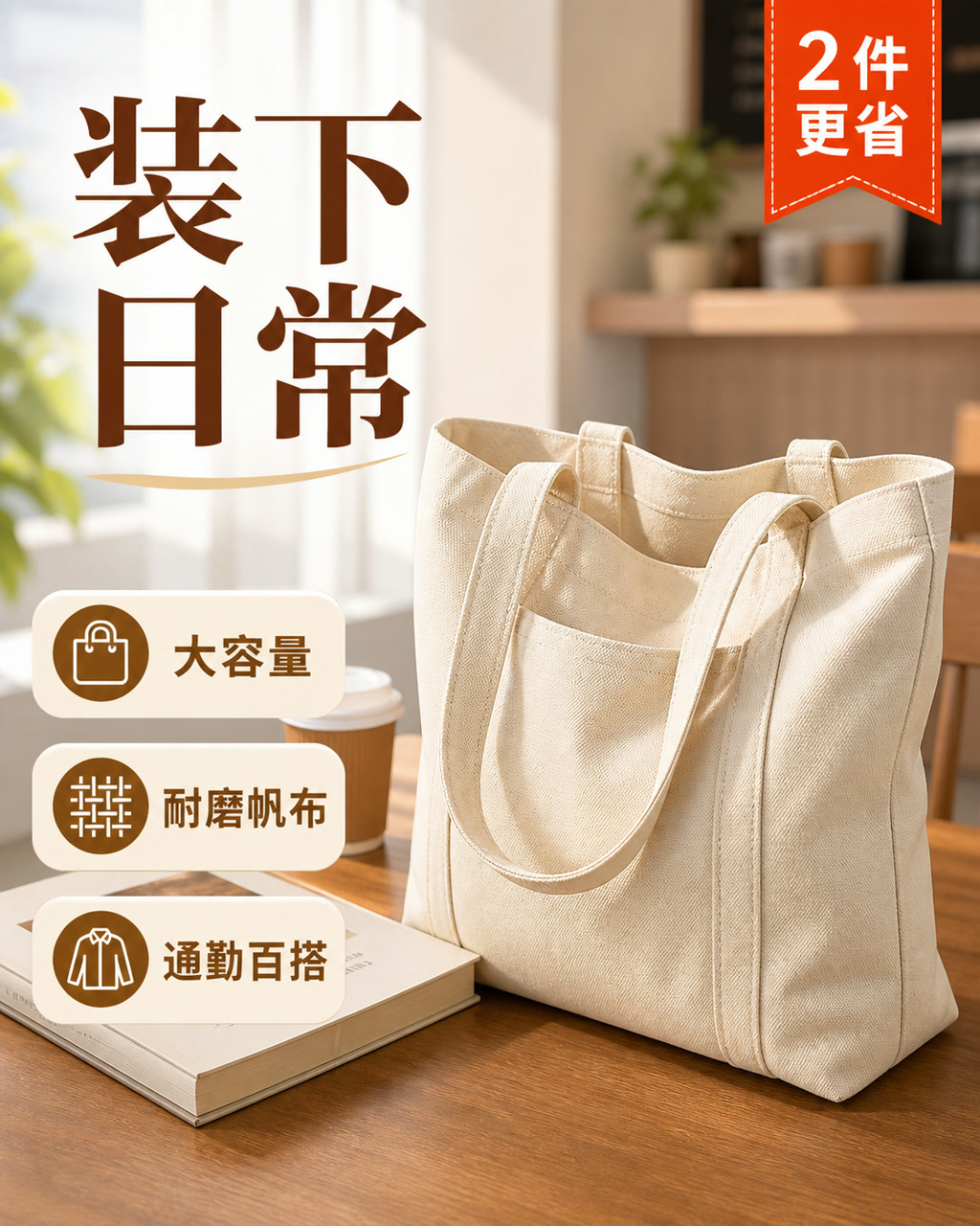 帆布托特包日常图，主文案为「装下日常」，卖点为「大容量、耐磨帆布、通勤百搭」。