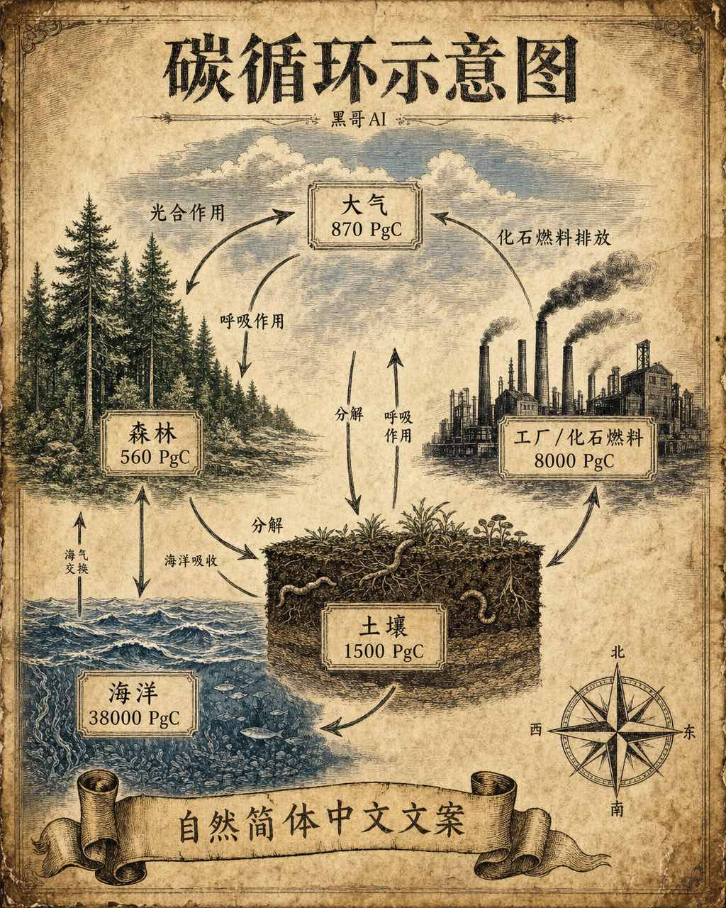 复古版画风格碳循环图，象牙色纸张上五大碳库由棕褐墨水通量箭头连接。