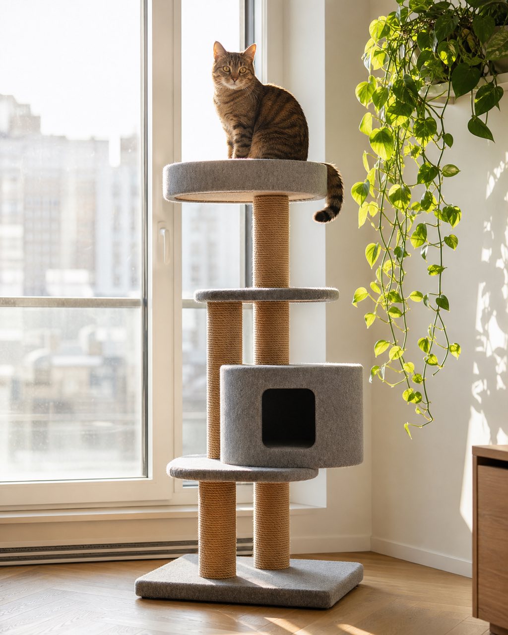 现代剑麻灰毡猫爬架置于阳光窗旁，虎斑猫坐顶层跳台，逆光轮廓，附近有垂吊绿萝。