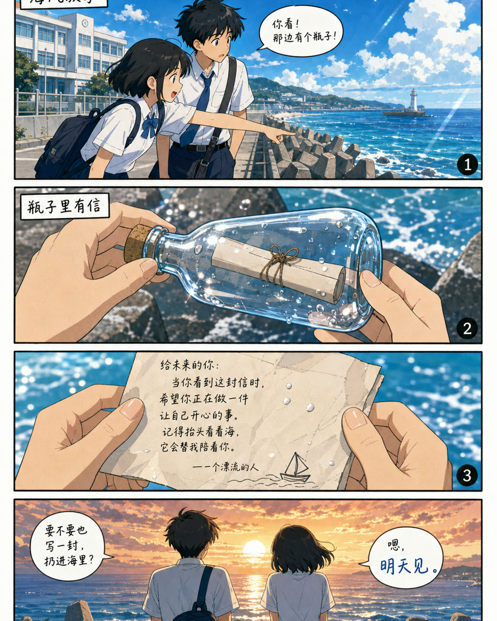 赛璐璐感海边校园漫画，原创漫画风格样本，包含清晰漫画版式、角色动作和可见中文标题。