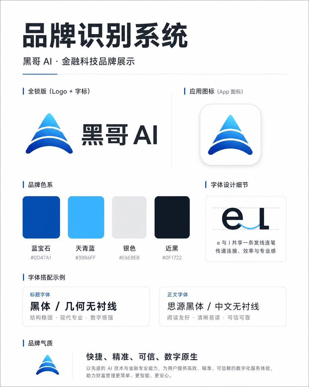 Celer 金融科技品牌识别页，蓝宝石到天青蓝渐变三角标志，几何无衬线字标，色系和字体示例。