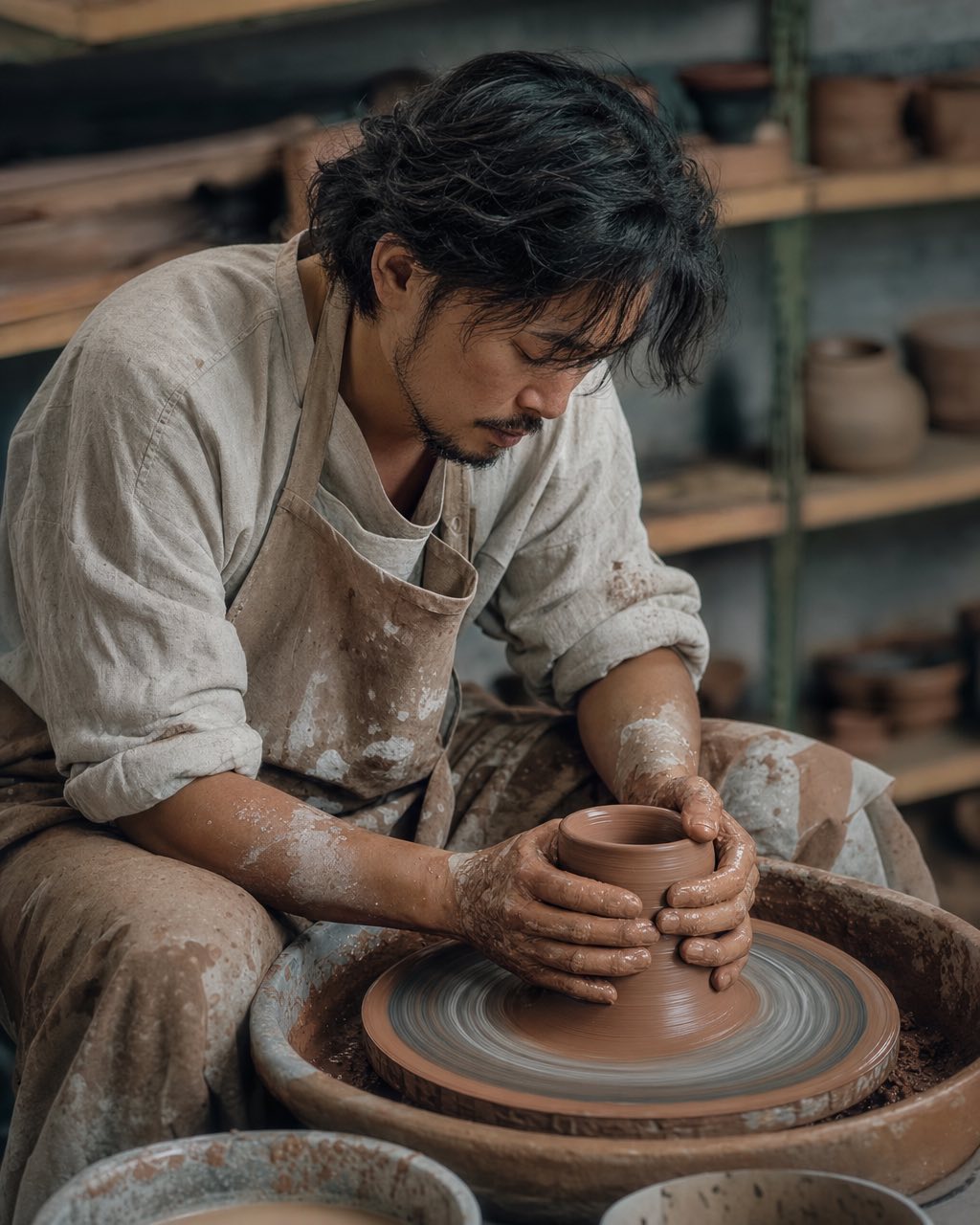 陶艺师双手捧合湿陶土，专注拉坯，陶土红棕与亚麻奶白色调，柔光箱工作室光。