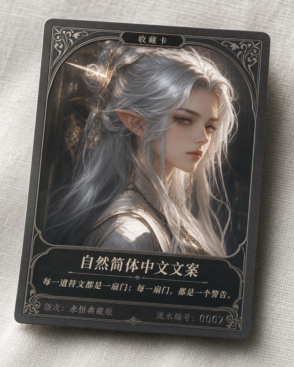 名为 Scholar Eryndel 的 TCG 肖像收藏卡，精灵女学者精细半身肖像，新艺术主义边框，风味文字。