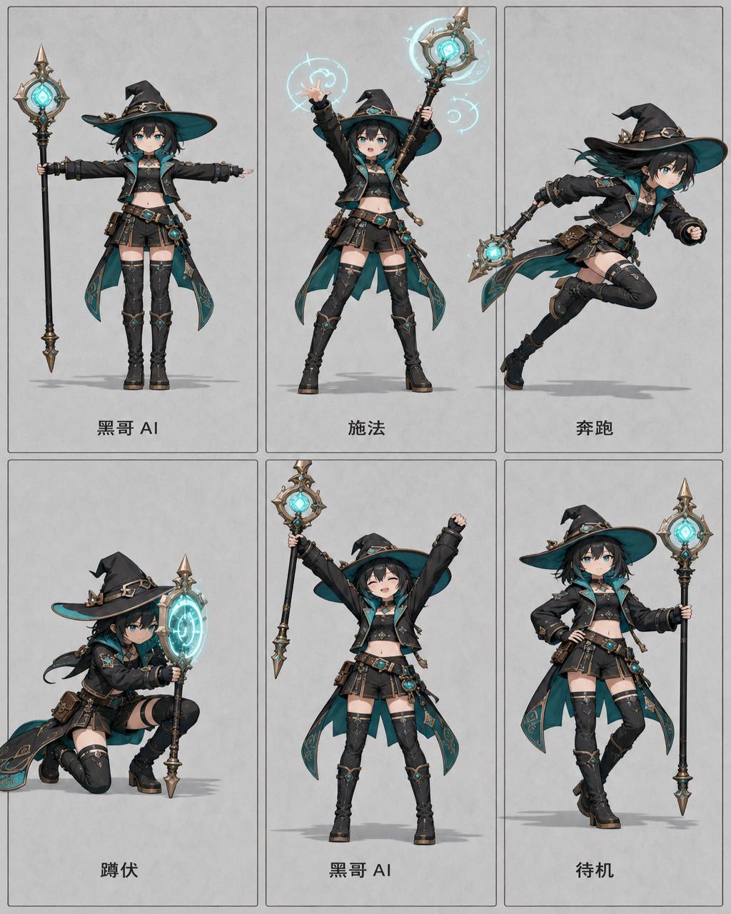 青色焦赭色赛璐璐 3D 青少年女巫六姿势参考页，3x2 网格展示站姿、施法、跑、蹲、庆祝、待机。