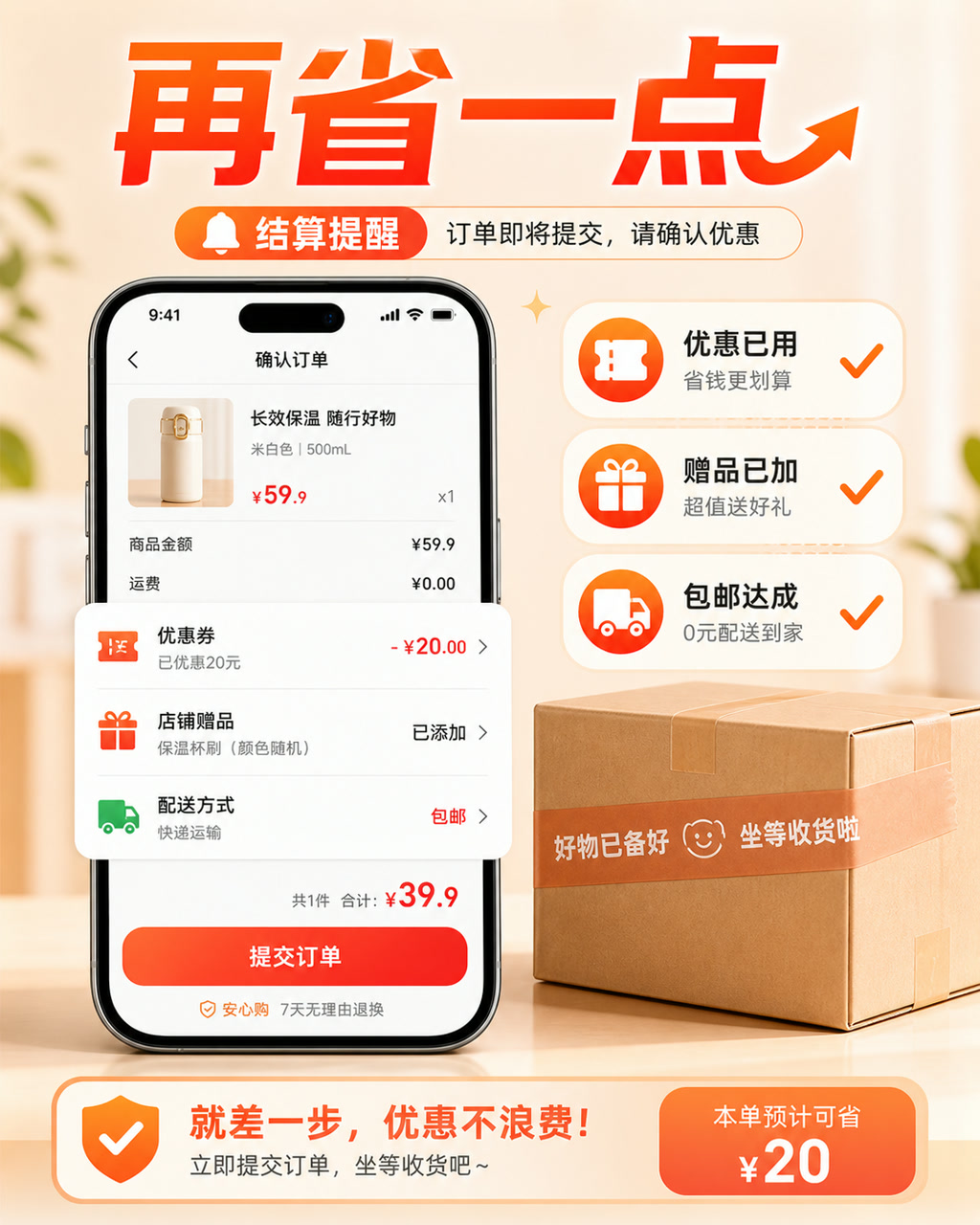 结算页优惠提醒图，主文案为「再省一点」，卖点为「优惠已用、赠品已加、包邮达成」。