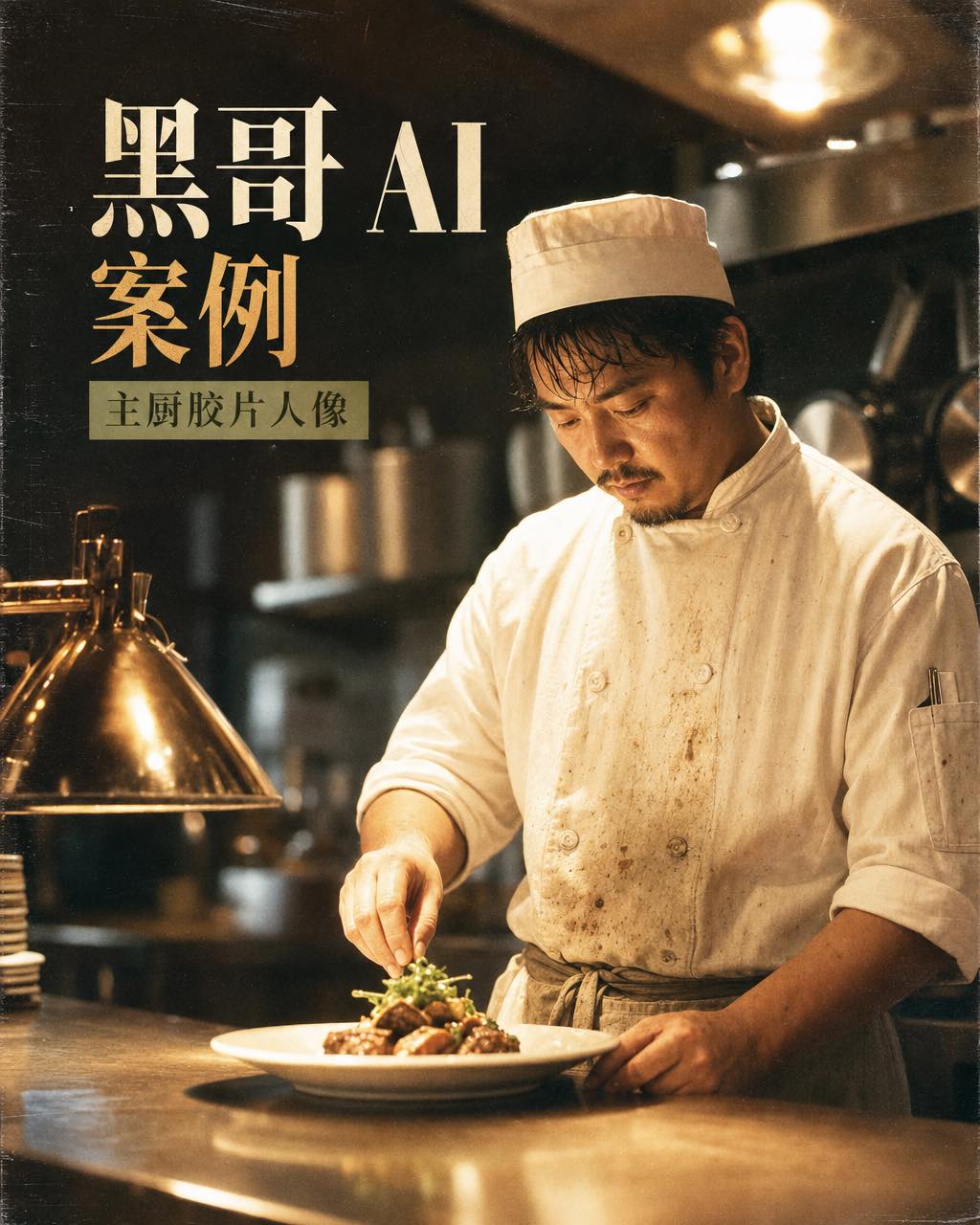 主厨站在出餐台旁的胶片质感人像，钨丝灯与保温灯混合光，象牙与琥珀色调，Portra 400 胶片风格。