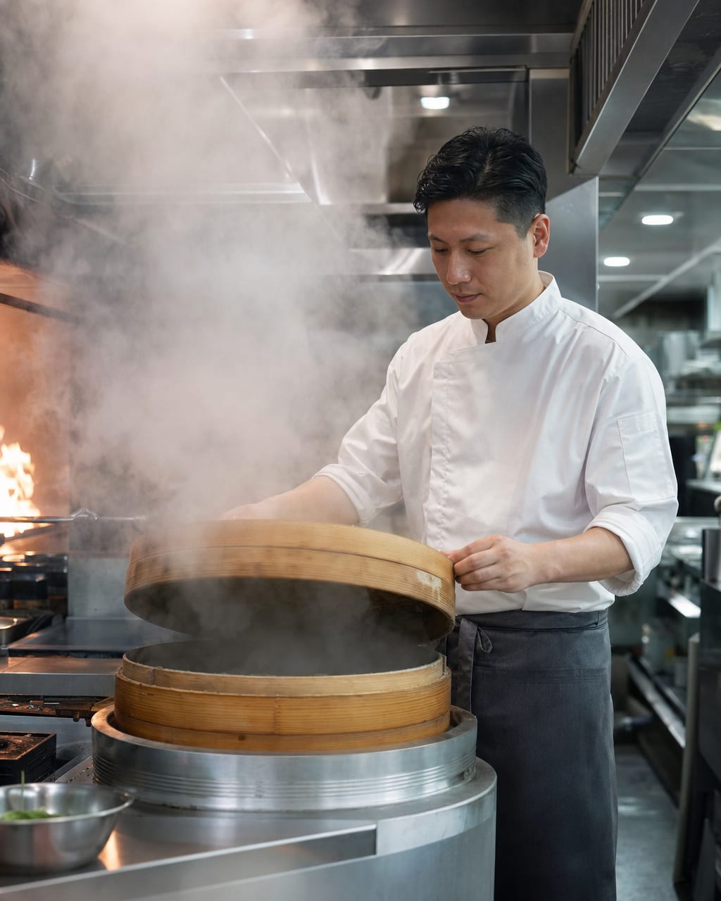 厨师厨房蒸汽人像：一位穿白色厨师服的主厨站在后厨炉台旁，手里拿着擦亮的长柄锅，繁忙后厨的短暂停顿，背景有不锈钢台面、蒸汽和柔化的火光。