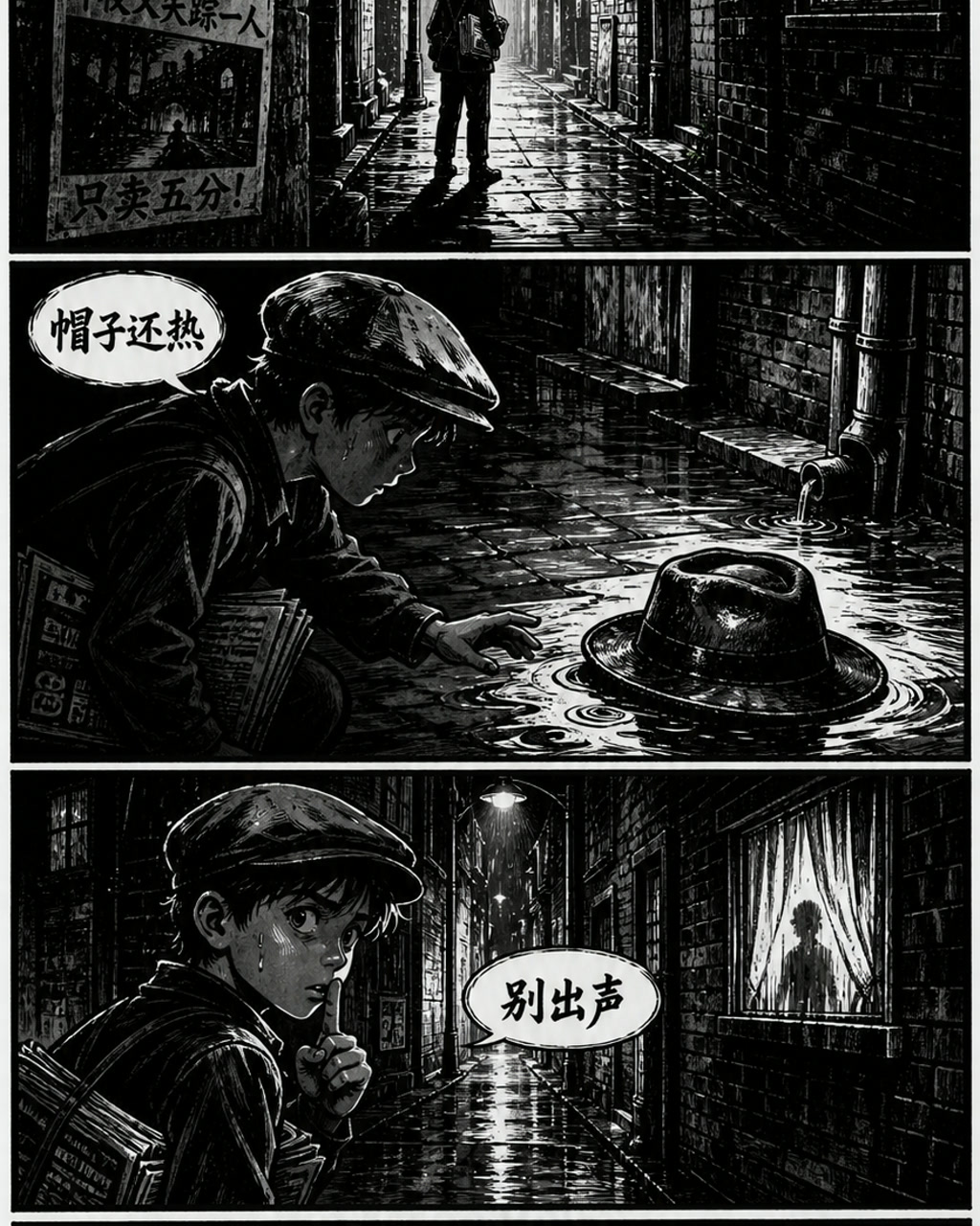 明暗版画犯罪巷口，原创漫画风格样本，包含清晰漫画版式、角色动作和可见中文标题。
