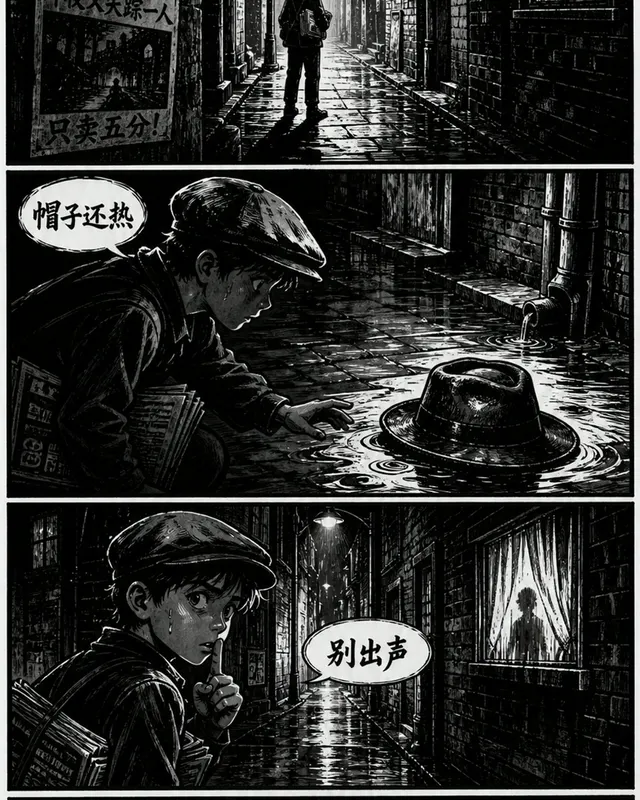 Chiaroscuro Crime Woodcut Alley, an original comic style sample with visible layout, character action, and readable lettering.