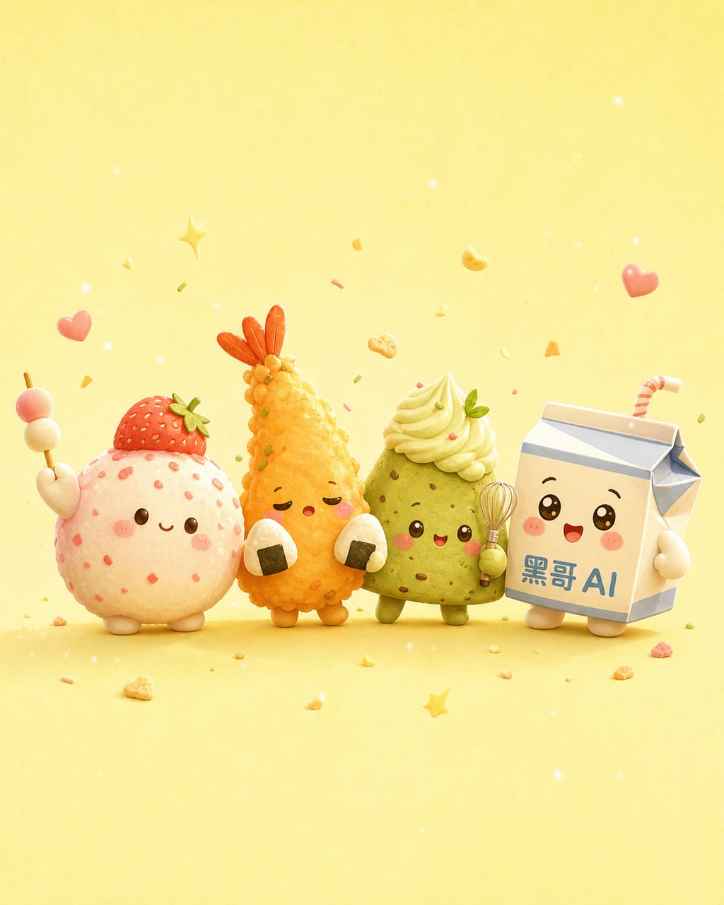 四只 Q 版零食吉祥物（糯米团、炸虾、抹茶曲奇、印 MOO-PAL 200ML 的牛奶盒）并排站在柠檬色背景上。