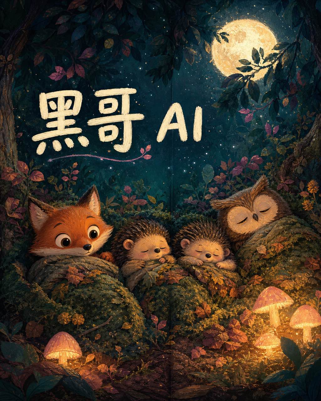 水粉双页绘本跨页，夜晚森林中小动物们躺在苔藓小床里，月光柔和，色调青绿暖赭。
