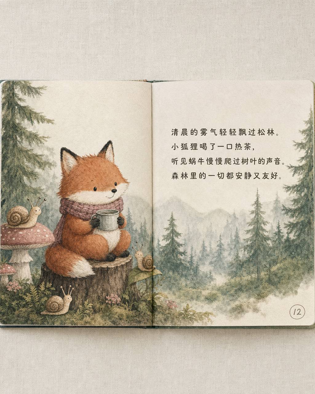 绘本跨页：左页水彩小狐狸坐树桩，戴围巾；右页雾林延伸，配粗圆衬线童话文字。