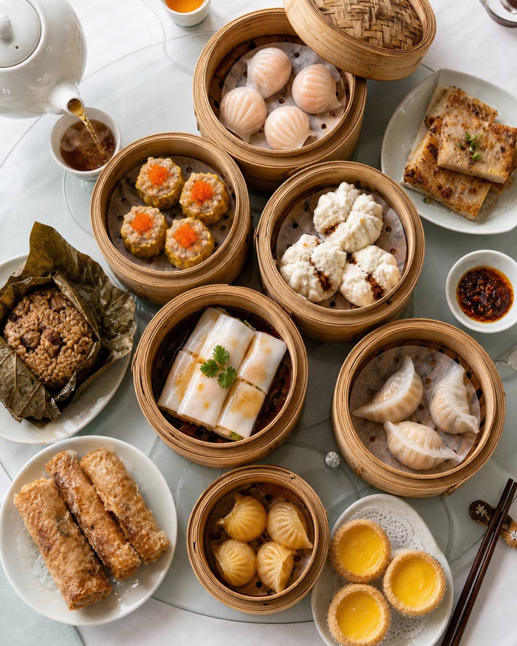 俯拍广式早茶点心，竹蒸笼、虾饺、烧卖、肠粉、菊花茶尽收眼底。