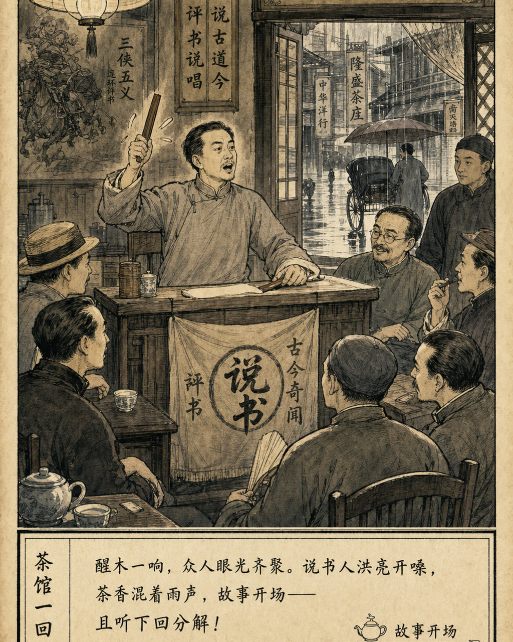 连环画茶馆说书，原创漫画风格样本，包含清晰漫画版式、角色动作和可见中文标题。