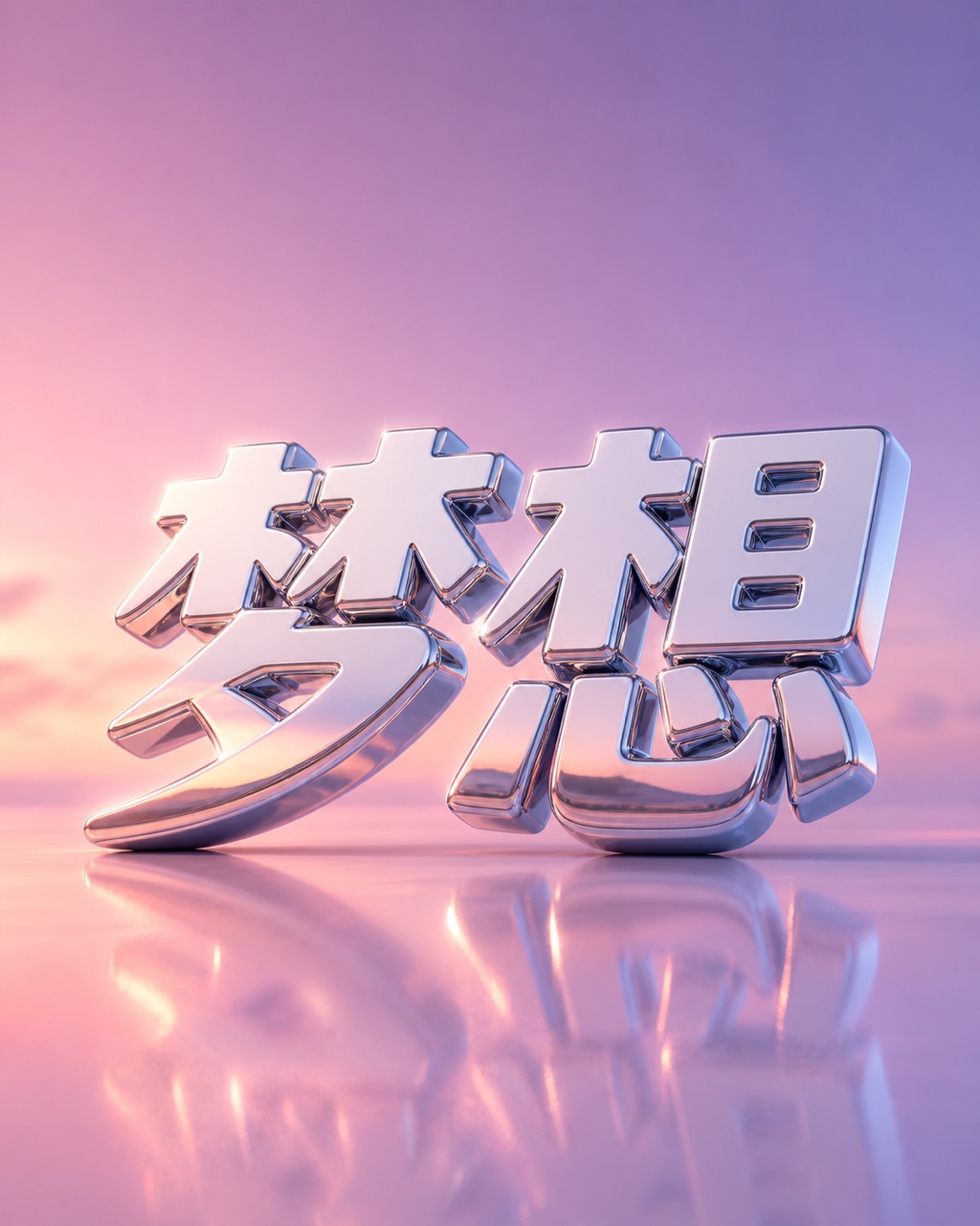 镜面铬合金 3D 字母 DREAM 悬浮在珊瑚粉到薰衣草紫的渐变天空前