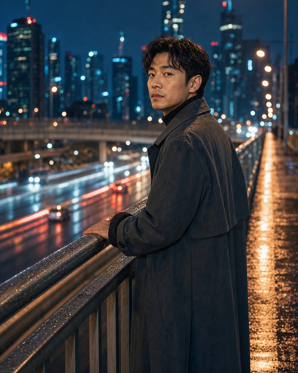 城市夜景男士电影感：霓虹、雨夜、浅景深，营造孤独而有故事的都市氛围。