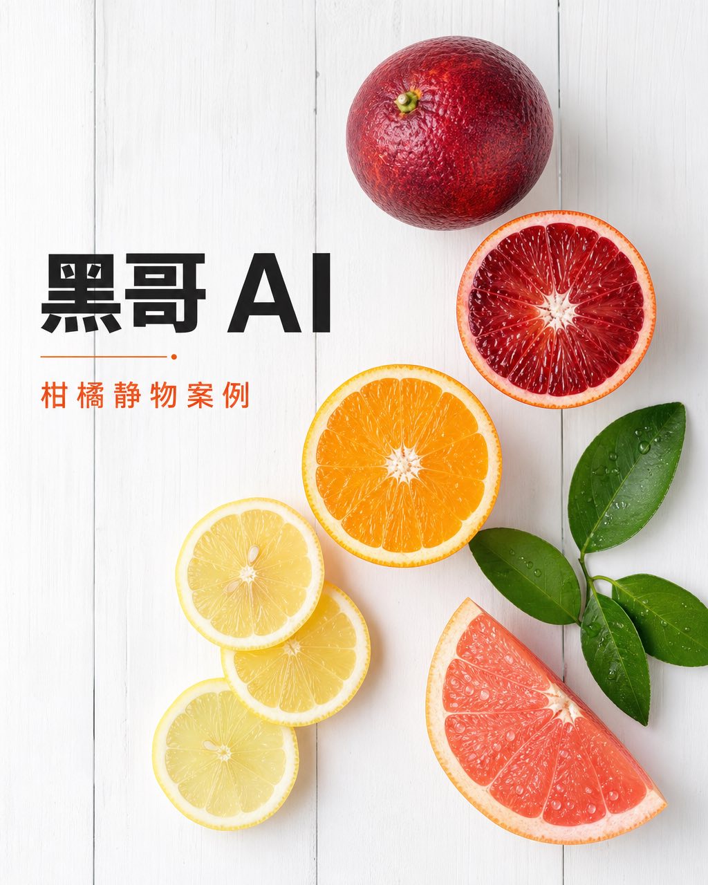 血橙、脐橙、迈耶柠檬、柚子等柑橘切片剖半在白色木板上的俯拍平铺摄影。