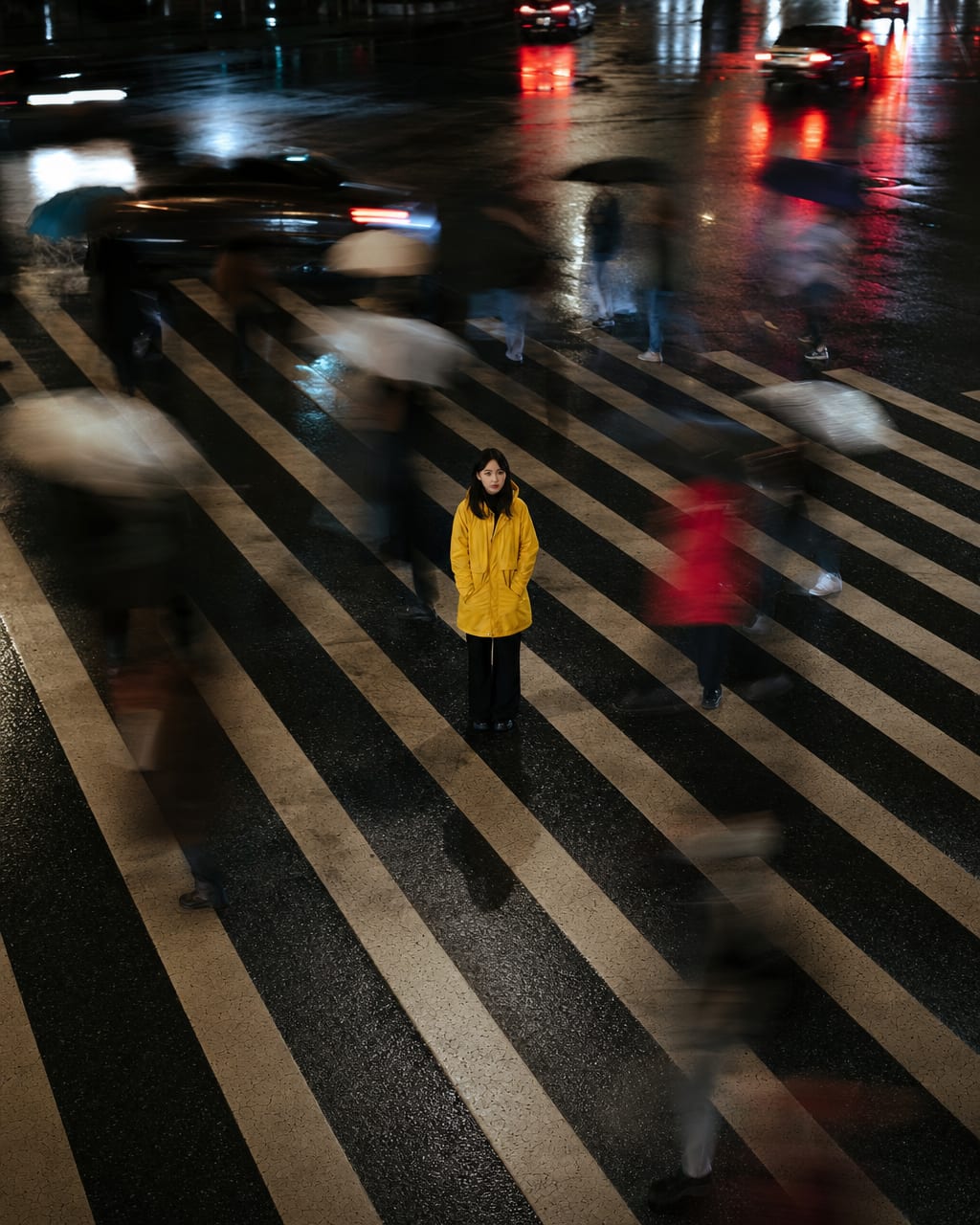 城市斑马线动态人像：一位穿浅色风衣的人站在城市斑马线中央，身体稳定，周围行人形成动态模糊，繁忙路口，信号灯和车灯形成背景色块，不出现可读广告牌。