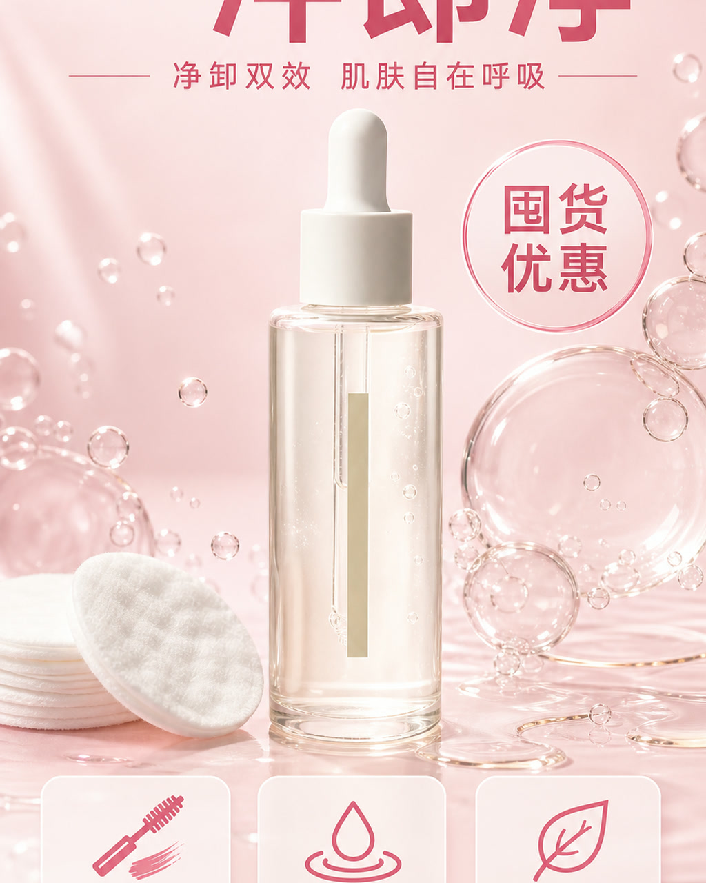 卸妆油双重清洁图，主文案为「一冲即净」，卖点为「浓妆可卸、乳化迅速、洗后不紧」。