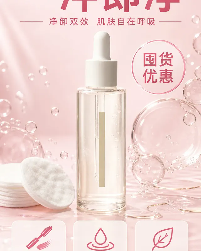 卸妆油双重清洁图,主文案为「一冲即净」,卖点为「浓妆可卸、乳化迅速、洗后不紧」。
