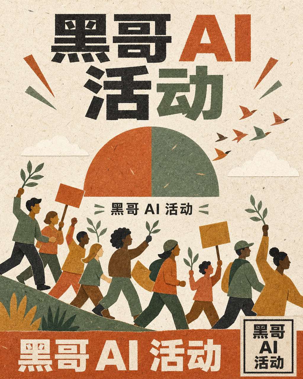 剪纸拼贴气候游行海报，人群在半橙半绿太阳下行走，标题 WE OWE THE NEXT CENTURY。