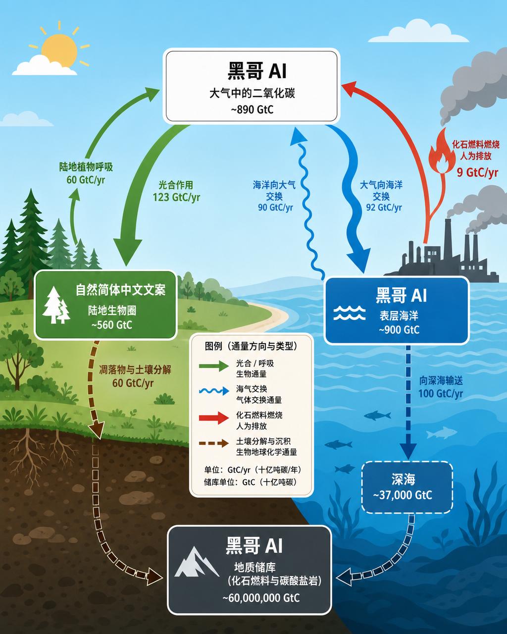 全球碳循环扁平信息图，展示大气、生物圈、海洋与化石储库，标注碳通量箭头与 GtC 数值
