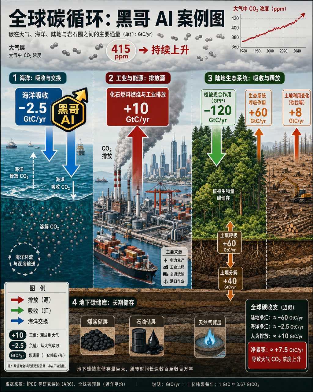横向平面等距全球碳循环图：海洋、工业海岸与森林三区，色码通量箭头、GtC/yr 数字徽章与 CO₂ 浓度上升折线图。