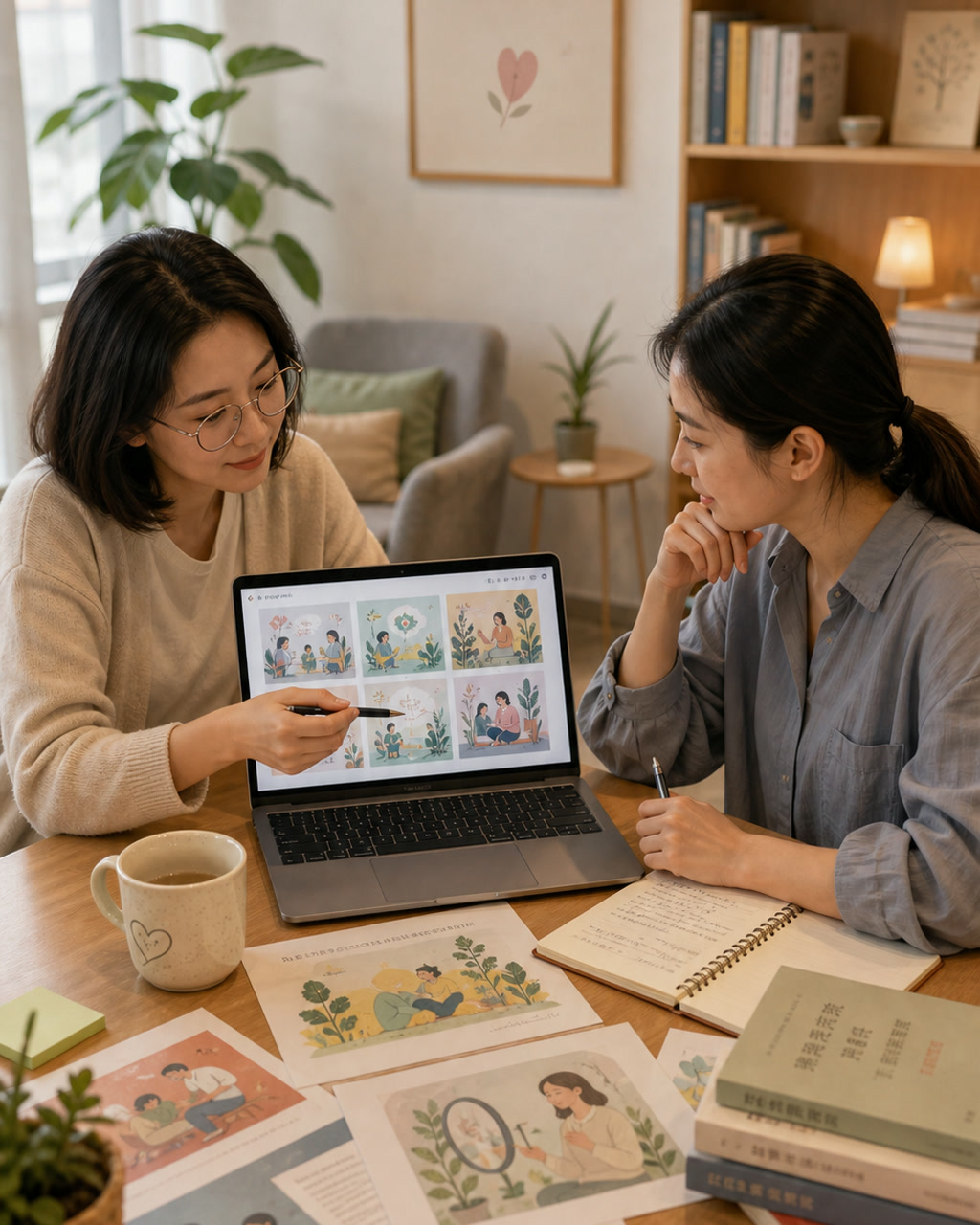 心理咨询室 AI 插画审核案例图，温和心理咨询室，两位咨询师在桌边审核用于科普手册的 AI 插画草案，画面有人情味，书架和植物背景，屏幕内容不可读。