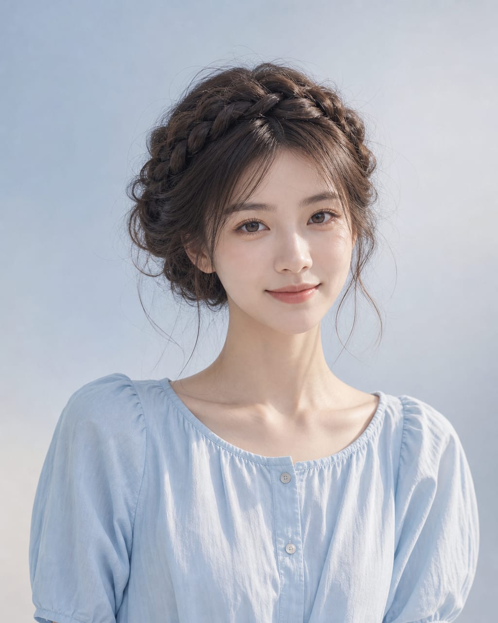 云感皇冠辫半身肖像，展示温柔表情和柔和窗光。