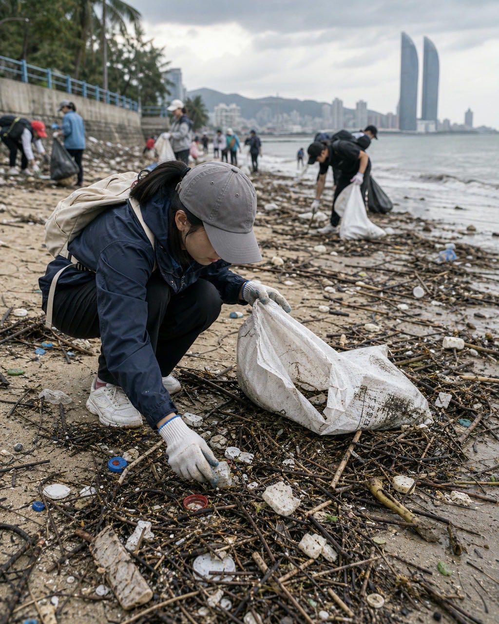 台风后海边志愿清理案例图，台风过后海边，志愿者弯腰清理塑料碎片和树枝，天空阴亮，海风湿润，画面真实不宣传化。