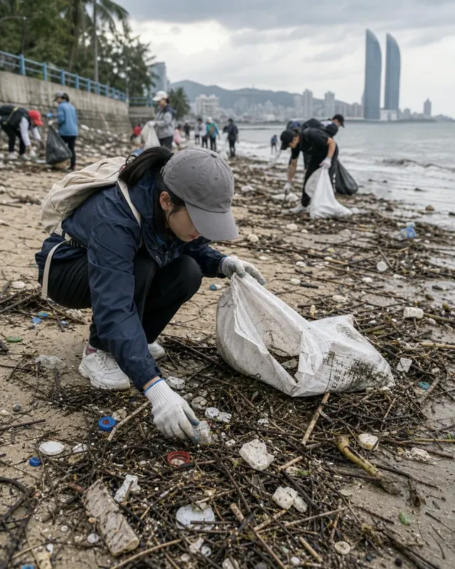 台风后海边志愿清理案例图,台风过后海边,志愿者弯腰清理塑料碎片和树枝,天空阴亮,海风湿润,画面真实不宣传化。