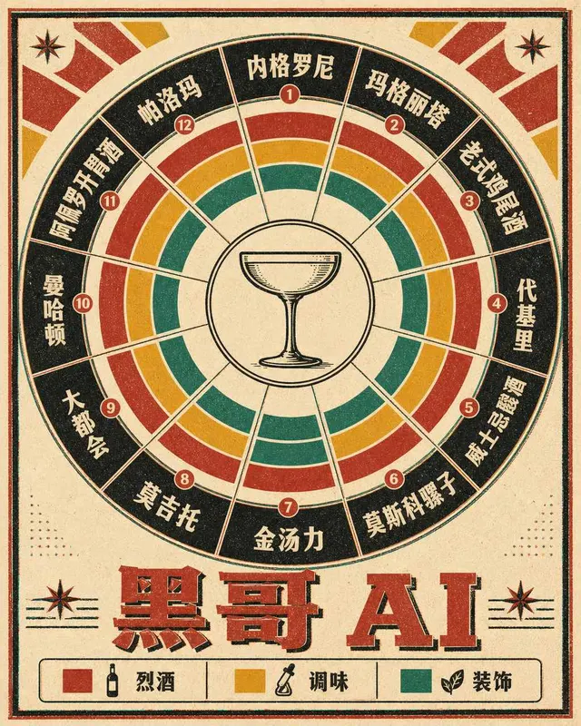 复古圆形转盘图,十二款鸡尾酒放射扇区展示烈酒与调味配比,中世纪配色风格