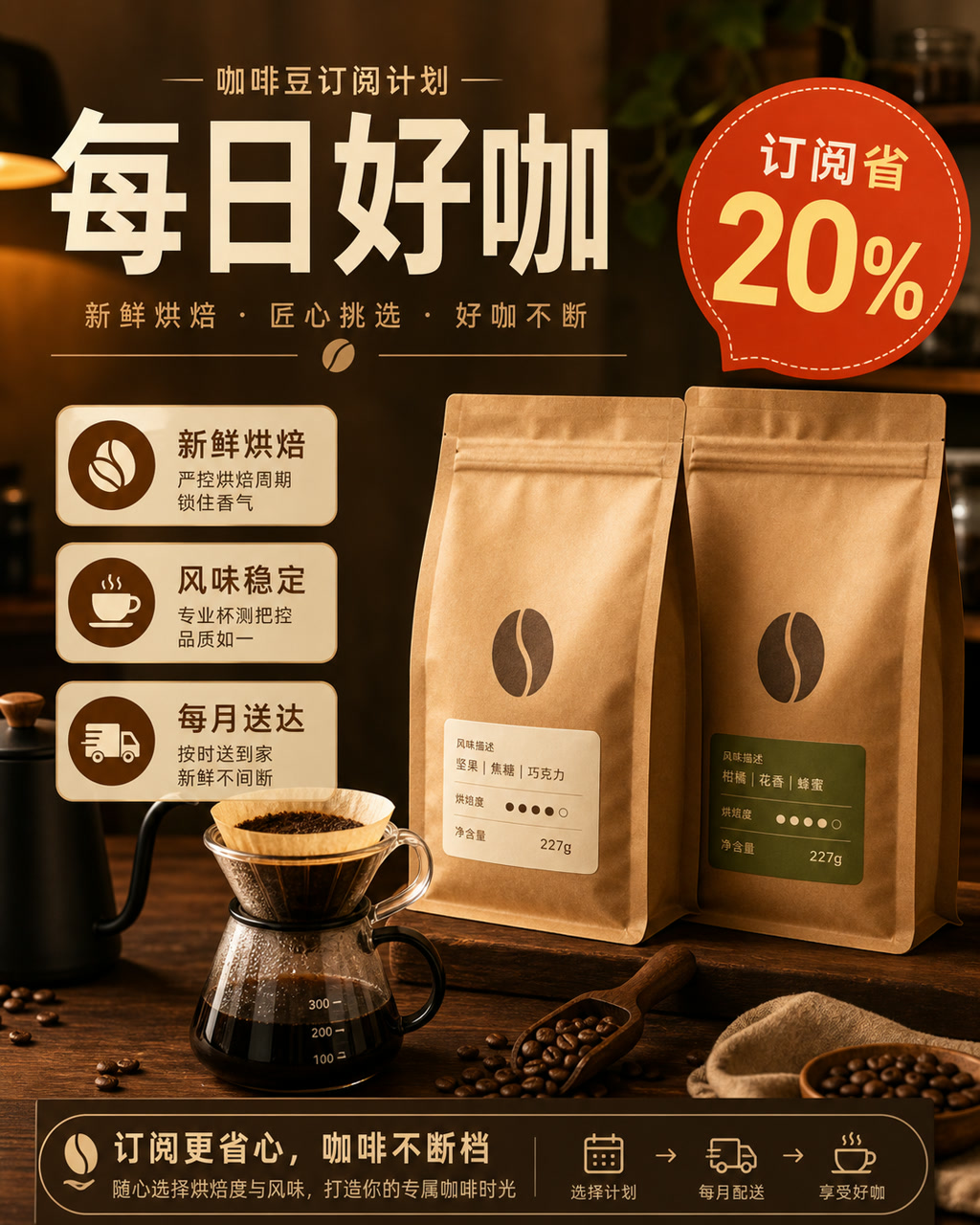 咖啡豆订阅促销图，主文案为「每日好咖」，卖点为「新鲜烘焙、风味稳定、每月送达」。