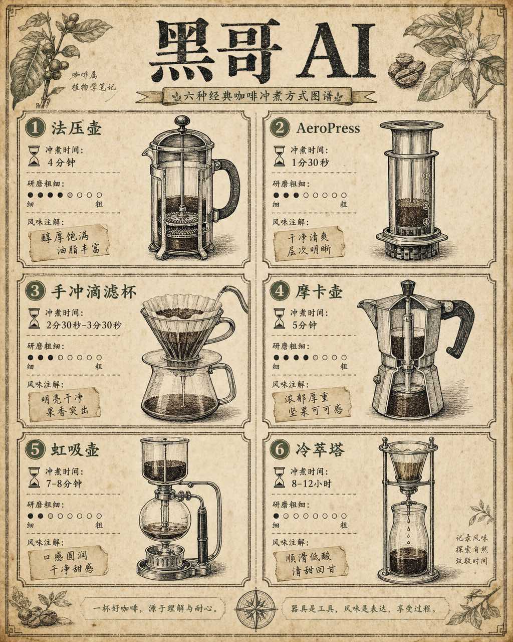 复古风格信息图，网格排列六种咖啡冲煮方式的钢笔插图与风味注解，米色纸张背景