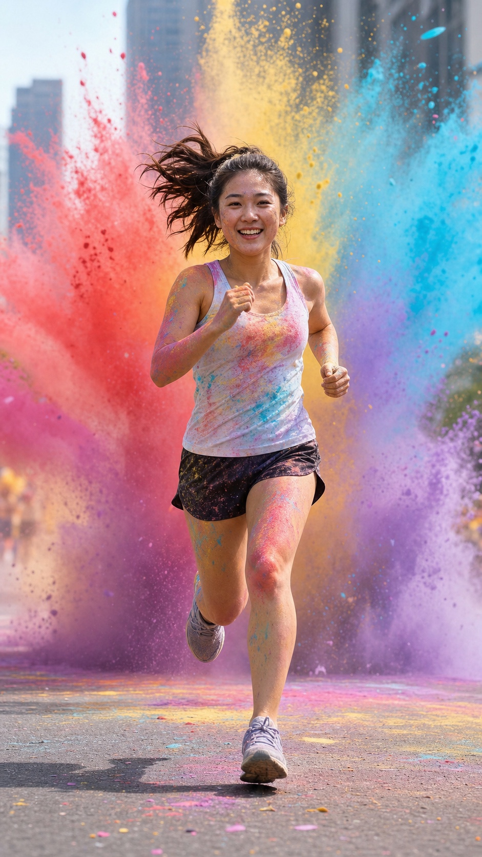 An energetic adult East Asian woman in a distinctive running portrait.
