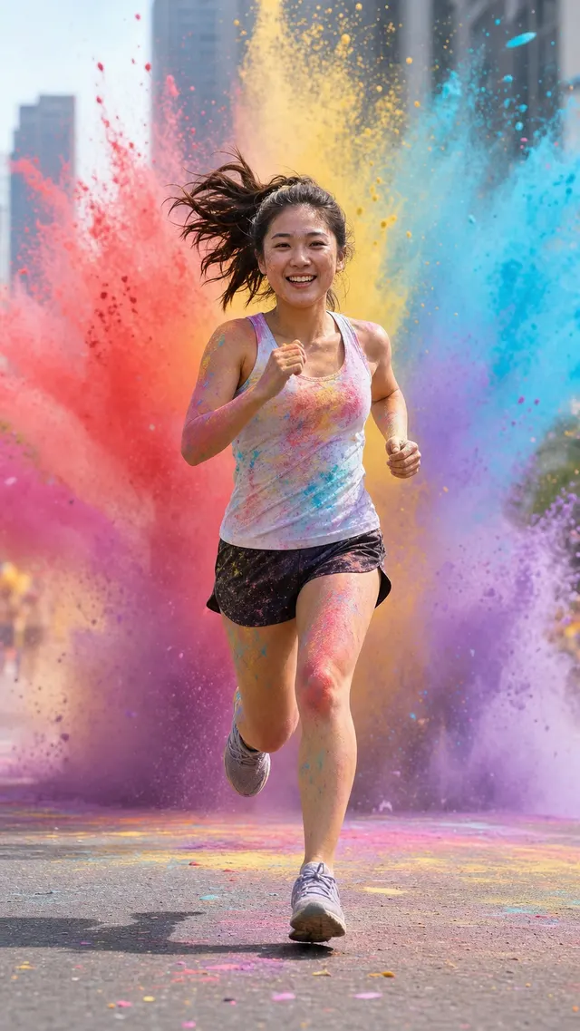 An energetic adult East Asian woman in a distinctive running portrait.