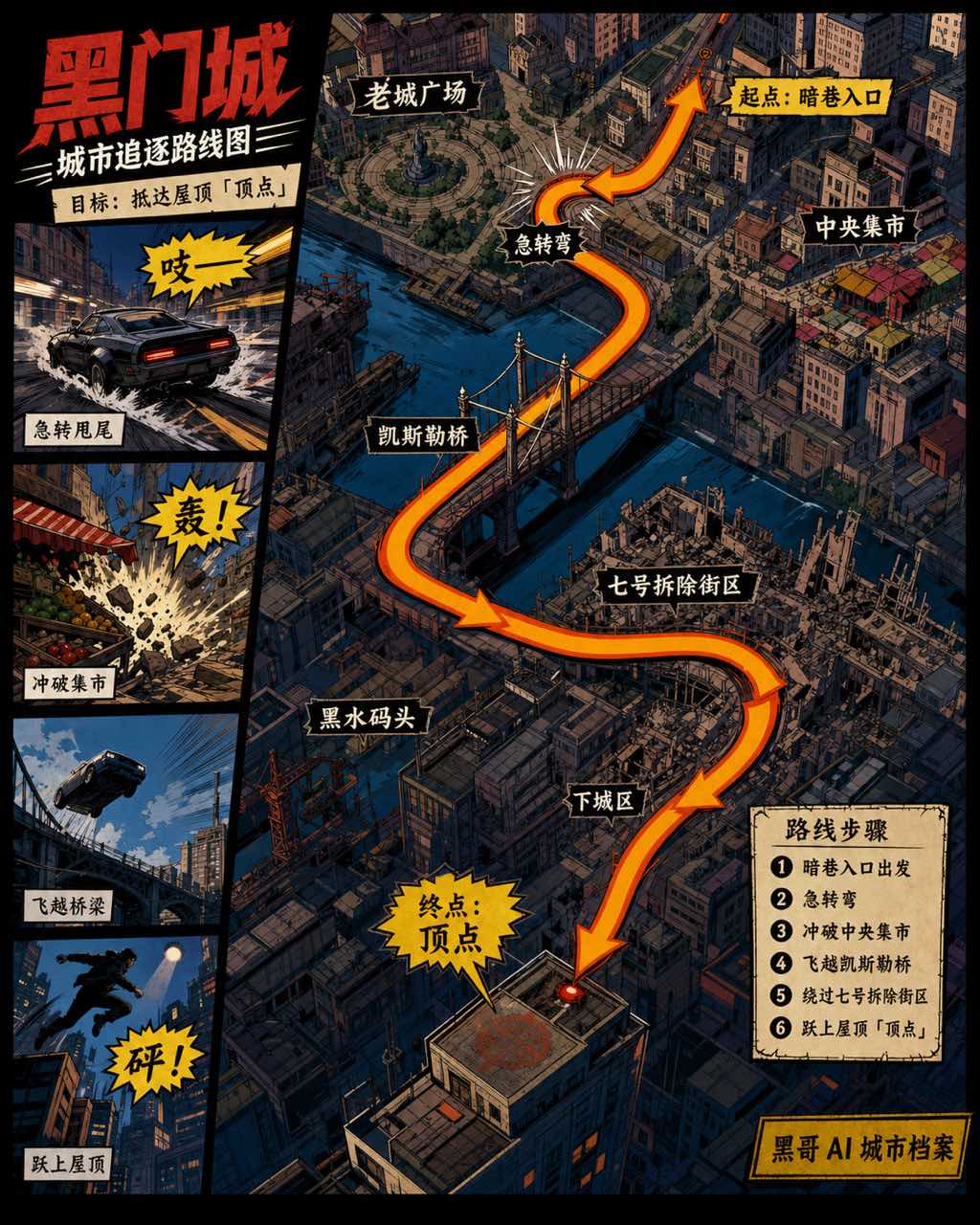 漫画风城市追逐地图，橙色路线箭头、平涂建筑、速度线与音效字
