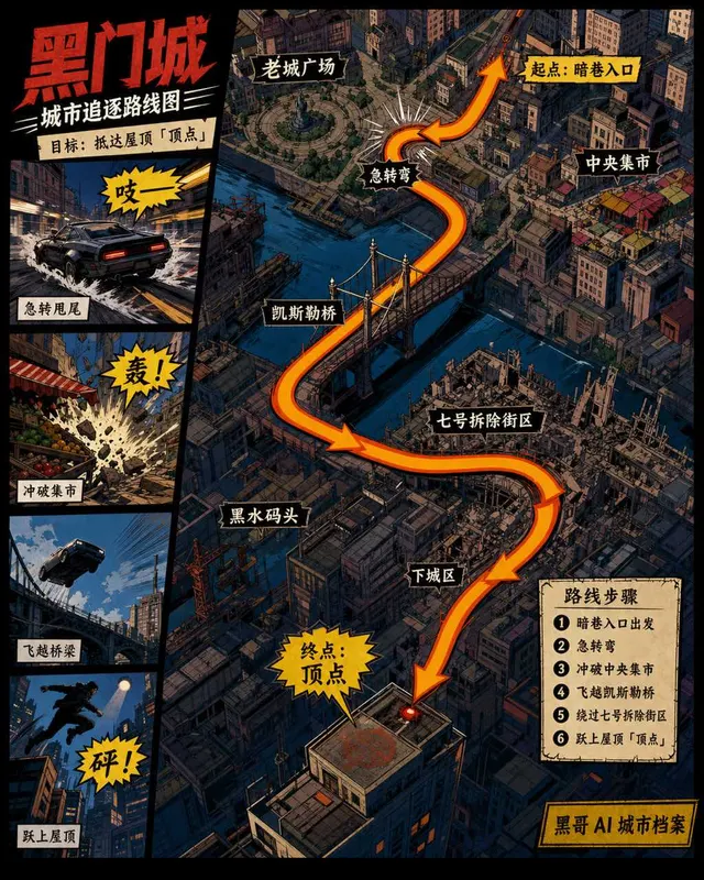 漫画风城市追逐地图,橙色路线箭头、平涂建筑、速度线与音效字