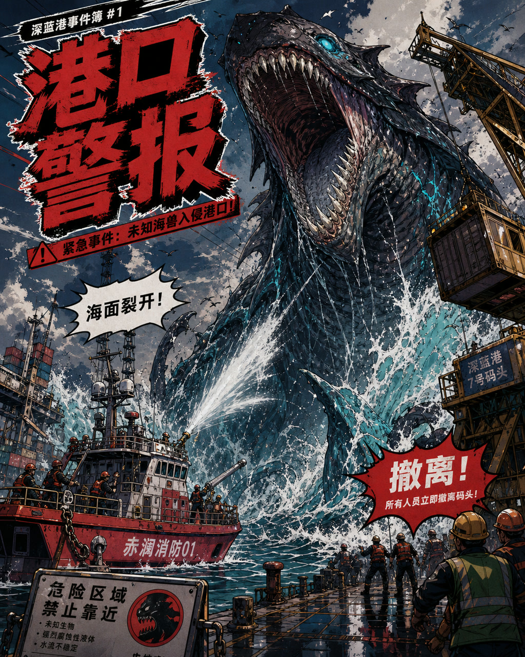 怪兽漫画港口警报，原创漫画风格样本，包含清晰漫画版式、角色动作和可见中文标题。