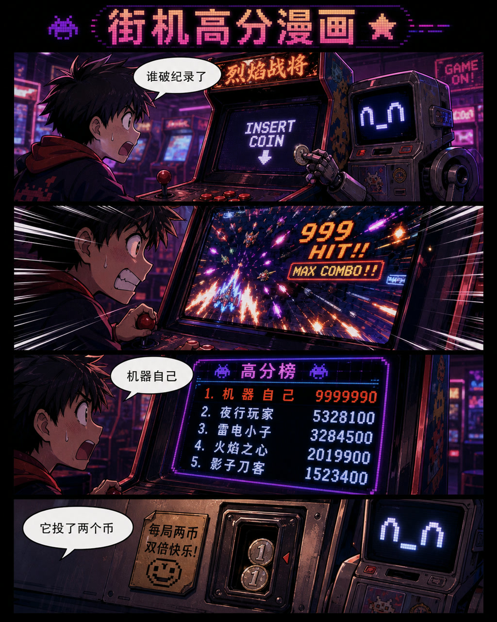 街机高分漫画，原创漫画风格样本，包含清晰漫画版式、角色动作和可见中文标题。