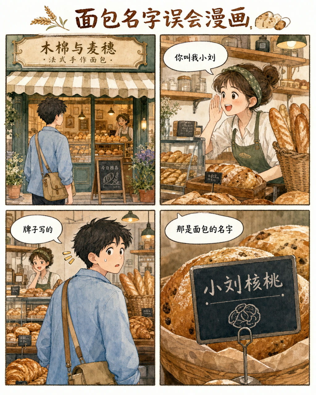 面包名字误会漫画，原创漫画风格样本，包含清晰漫画版式、角色动作和可见中文标题。